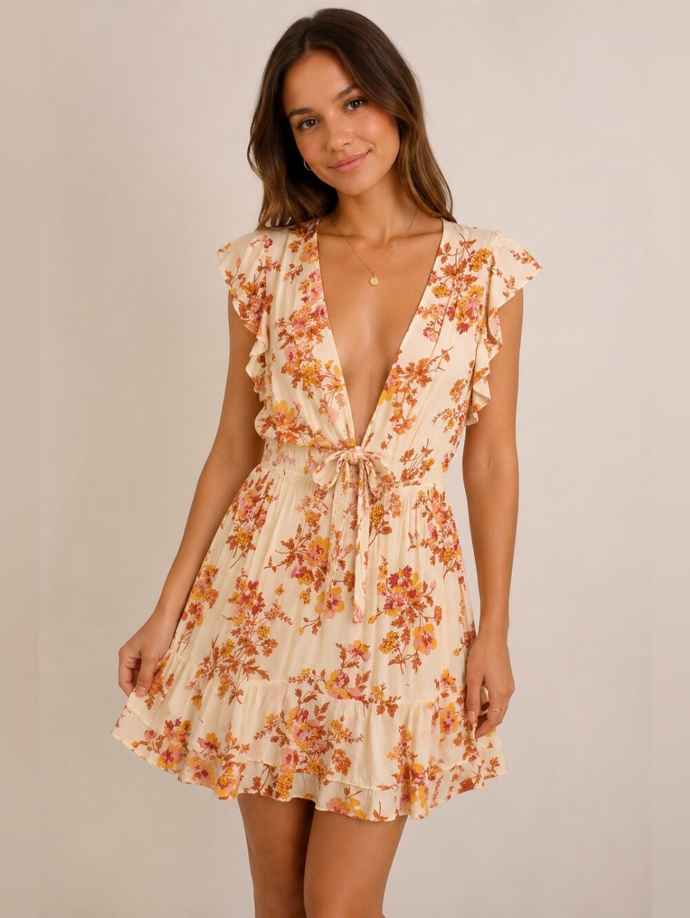 Petal & Pup Cream Floral Mini Dress with Pink & Orange Blossoms